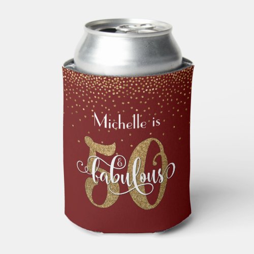 Gold Glitter 50  Fabulous Burgundy Red Birthday Can Cooler