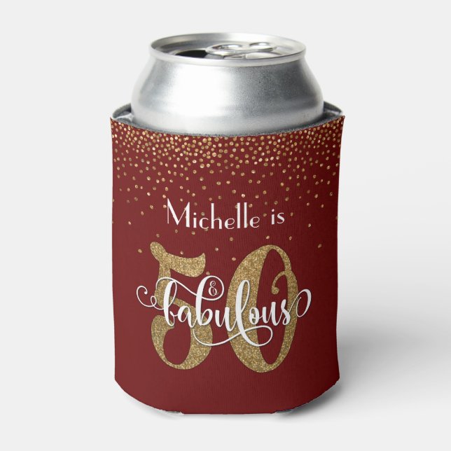 Gold Glitter 50 & Fabulous Burgundy Red Birthday Can Cooler (Can Front)