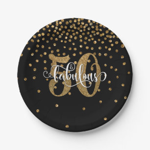 Gold Glitter 50 & Fabulous on Black Birthday Paper Plates
