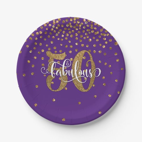 Gold Glitter 50  Fabulous on Purple Birthday Paper Plates
