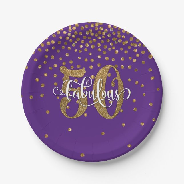 Gold Glitter 50 & Fabulous on Purple Birthday Paper Plates (Front)