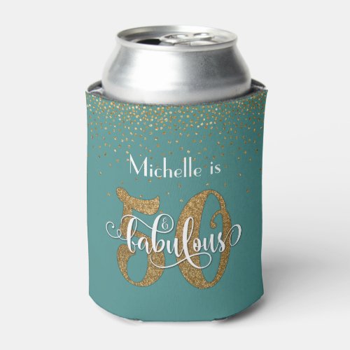 Gold Glitter 50  Fabulous Teal Birthday Can Cooler