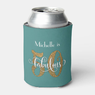 Gold Glitter 50 & Fabulous Teal Birthday Can Cooler