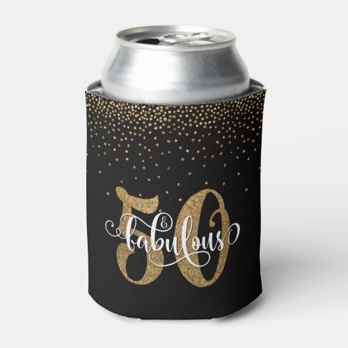 Gold Glitter 50  Fabulous Typography Birthday Can Cooler