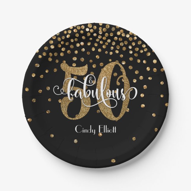 Gold Glitter 50 & Fabulous Typography Birthday Paper Plates (Front)