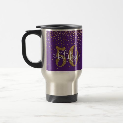 Gold Glitter 50  Fabulous Typography on Purple Travel Mug