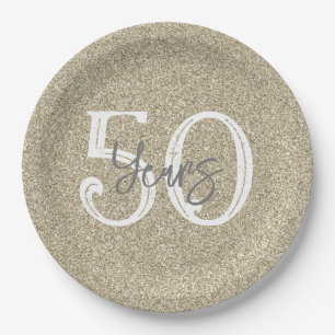Gold Glitter 50 YEARS Elegant Anniversary Birthday Paper Plates
