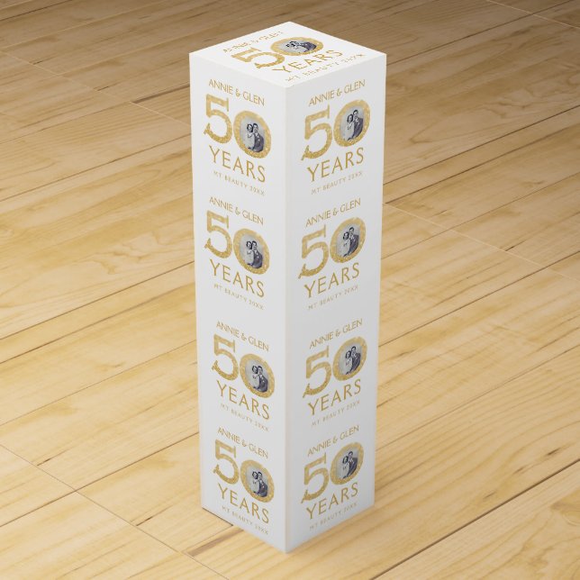 Gold Glitter 50th Anniversary Photo Template Gift Wine Box (Front)