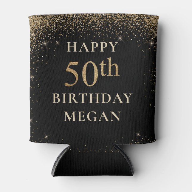Gold Glitter 50th Birthday Can Cooler (Front)