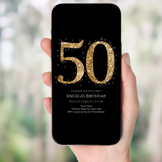 Gold Glitter 50th Birthday Invitation (Front Digital)