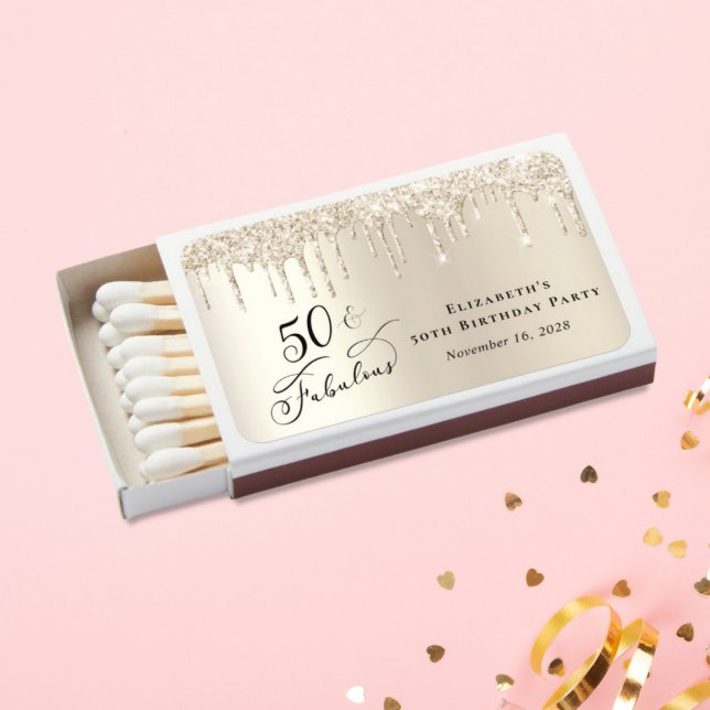Gold Glitter 50th Birthday Party Favor Matchboxes (Creator Uploaded)