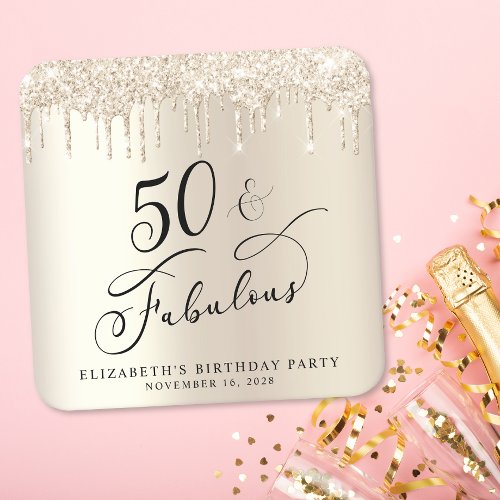 Gold Glitter 50th Birthday Party Square Paper Coaster