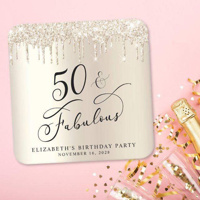 Gold Glitter 50th Birthday Party Square Paper Coaster (Creator Uploaded)