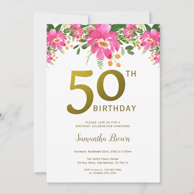 Gold Glitter 50th Birthday Party Watercolor Floral Invitation (Front)