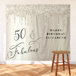 Gold Glitter 50th Birthday Party Welcome Tapestry<br><div class="desc">Elegant personalized 50th birthday party tapestry with champagne gold faux glitter dripping down a gold background and "50 & Fabulous" written in stylish script. Customize with her name. A blank area in the lower corner provides space for guests to take photos against the backdrop.</div>