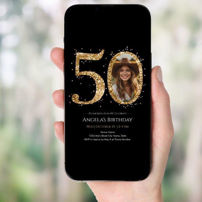 Gold Glitter 50th Birthday Photo Invitation (Front Digital)