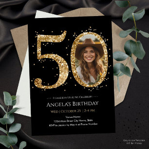 Gold Glitter 50th Birthday Photo Invitation