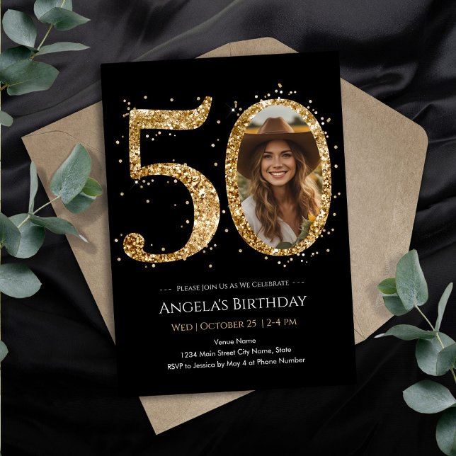 Gold Glitter 50th Birthday Photo Invitation (Creator Uploaded)