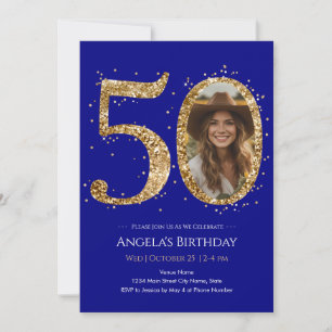Gold Glitter 50th Birthday Photo Invitation