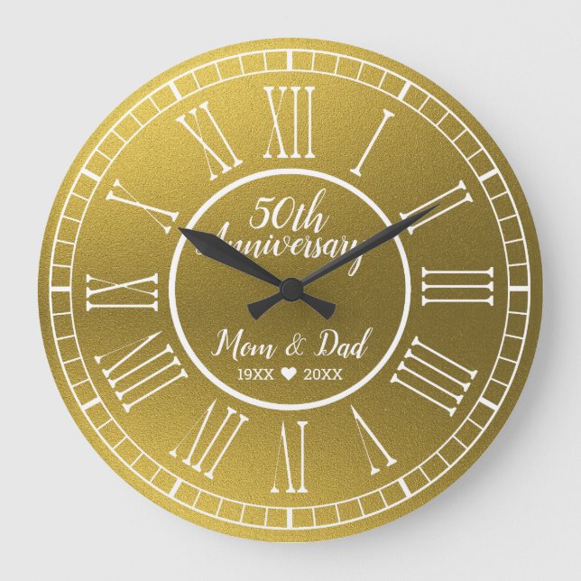 Gold Glitter 50th Golden Wedding Anniversary Large Clock (Front)