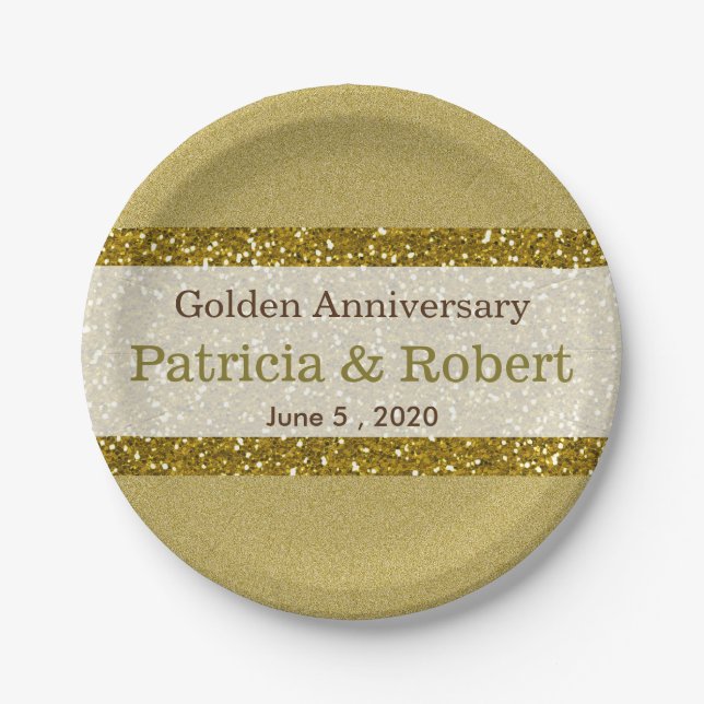 Gold Glitter 50th Golden Wedding Anniversary Paper Plates (Front)