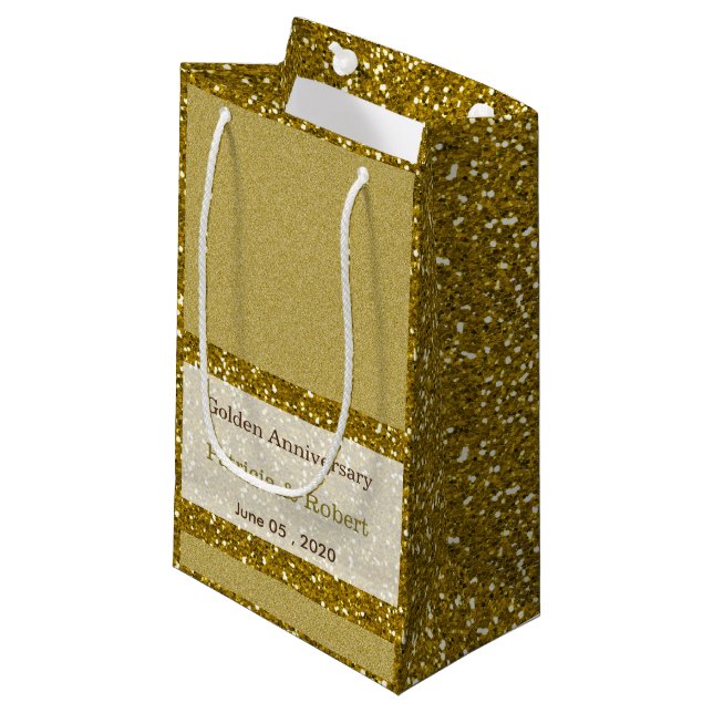 Gold Glitter 50th Golden Wedding Anniversary Small Gift Bag (Front Angled)