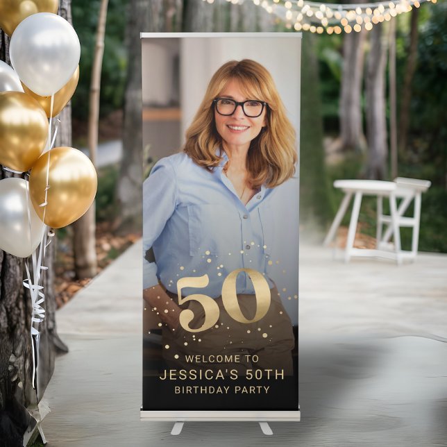 Gold Glitter 50th Photo Birthday Welcome Party Retractable Banner (Creator Uploaded)