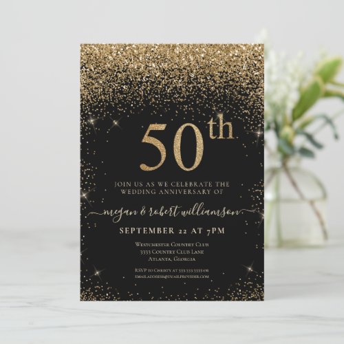 Gold Glitter 50th Surprise Anniversary Party Black Invitation
