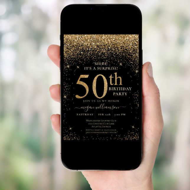 Gold Glitter 50th Surprise Birthday Party Black Invitation (Front Digital)