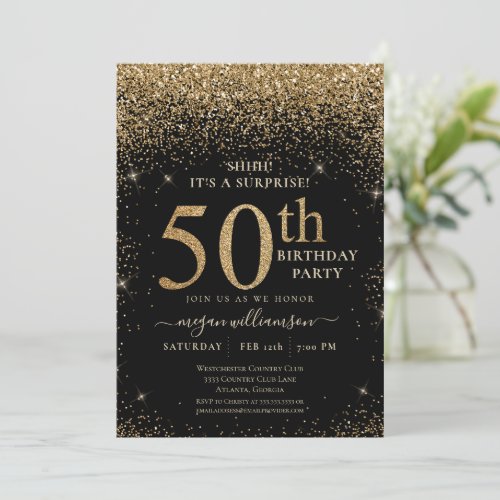 Gold Glitter 50th Surprise Birthday Party Black