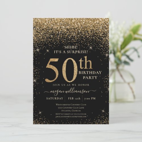 Gold Glitter 50th Surprise Birthday Party Black Invitation