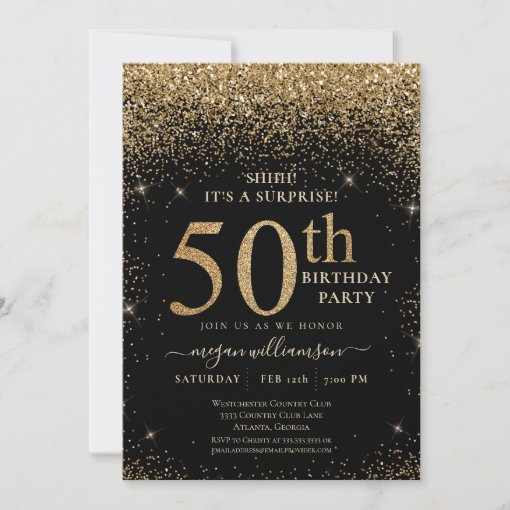 Gold Glitter 50th Surprise Birthday Party Black Invitation | Zazzle