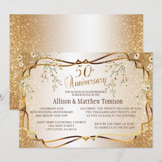 Gold Glitter 50th Wedding Anniversary | DIY Text Invitation (Front/Back)