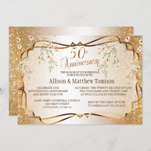 Gold Glitter 50th Wedding Anniversary  DIY Text Invitation
