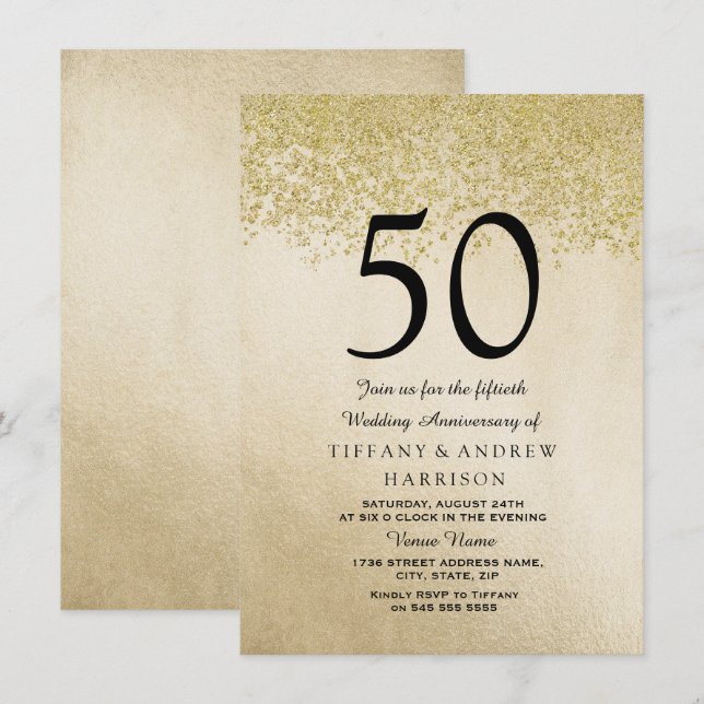 Gold Glitter 50th Wedding Anniversary Invitation (Front/Back)