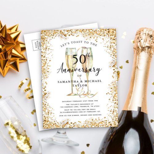 Gold Glitter 50th Wedding Anniversary Invitation Postcard