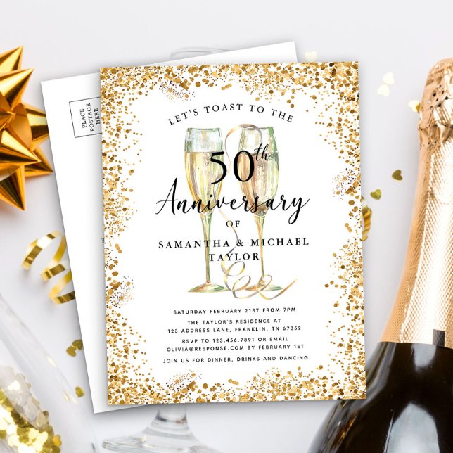 Gold Glitter 50th Wedding Anniversary Invitation Postcard (Creator Uploaded)