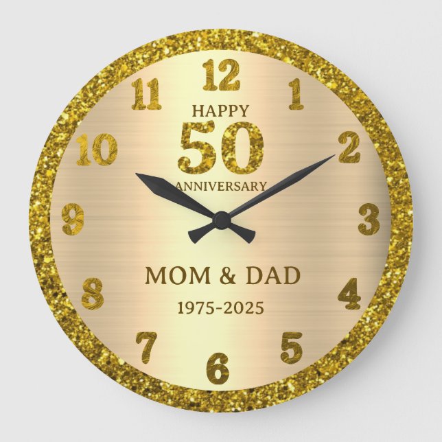 Gold Glitter 50th Wedding Anniversary Personalized Large Clock (Front)