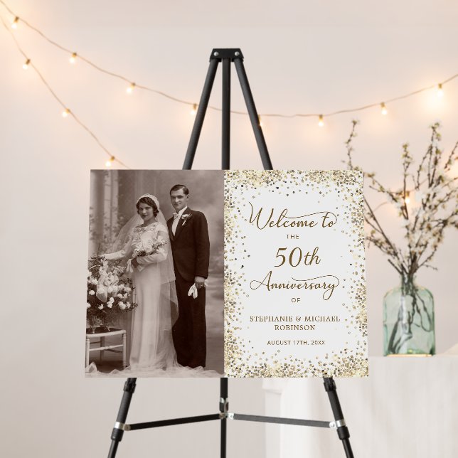 Gold Glitter 50th Wedding Anniversary Welcome  Foam Board (In Situ (Stand))