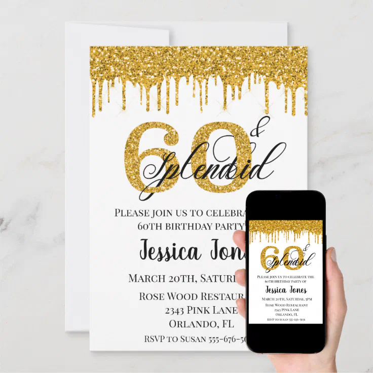 Gold Glitter 60 60th Splendid Sixty Birthday Invitation 