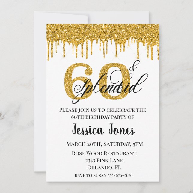 Gold Glitter 60 60th Splendid Sixty Birthday Invitation (Front)