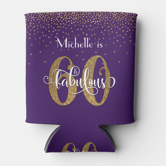 Gold Glitter 60 & Fabulous Birthday Bright Purple Can Cooler (Front)