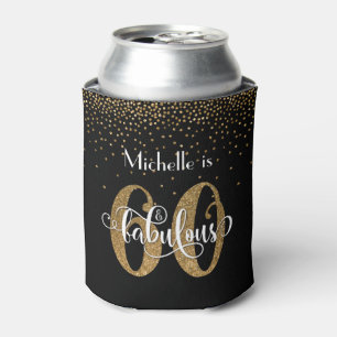Gold Glitter 60 & Fabulous Birthday on Black Can Cooler