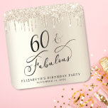 Gold Glitter 60th Birthday Party Square Paper Coaster<br><div class="desc">Chic custom 60th birthday party coaster featuring "60 & Fabulous" in an elegant calligraphy script,  a gold faux foil background and dripping gold faux glitter. Perfect for table decor that guests can take home as a souvenir party favor.</div>