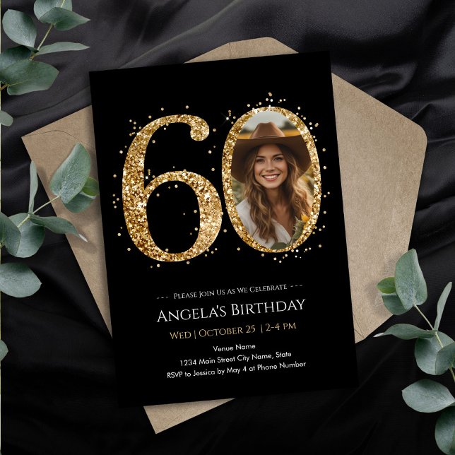 Gold Glitter 60th Birthday Photo Invitation (Creator Uploaded)