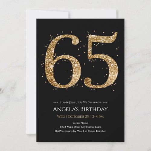 Gold Glitter 65th Birthday Invitation