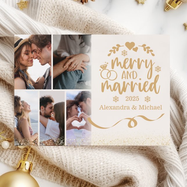 Gold Glitter 6 Photo Merry & Married  Holiday Card (Creator Uploaded)