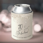 Gold Glitter 70th Birthday Party Can Cooler<br><div class="desc">Elegant and chic personalized 70th birthday party can coolers featuring "70 & Fabulous" in a stylish script against a gold background with gold faux glitter dripping from the top. Personalize with her name.</div>