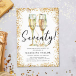 Gold Glitter 70th Birthday Party Invitation<br><div class="desc">This is an elegant and chic 70th Birthday Party invitation featuring a golden glitter border, a pair of watercolor champagne glasses and a modern script font. This would be perfect for anyone looking to celebrate their special milestone birthday in style. Easily update the party details on the card using the...</div>
