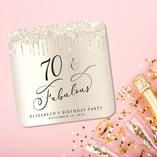 Gold Glitter 70th Birthday Party Square Paper Coaster